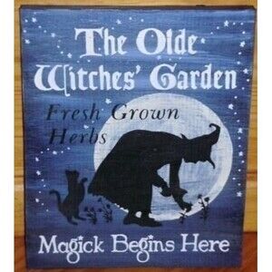 Primitive Olde Witches Garden Sign witch cat moon gardening magick witchcraft